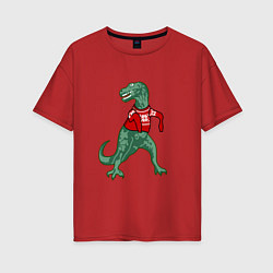 Футболка оверсайз женская Динозавр в новогоднем свитере, цвет: красный