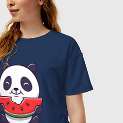 Футболка оверсайз женская Панда ест арбуз, цвет: тёмно-синий — фото 2