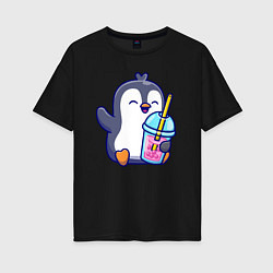 Женская футболка оверсайз Пингвин с напитком