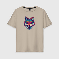 Женская футболка оверсайз Красочный волк в стильных очках