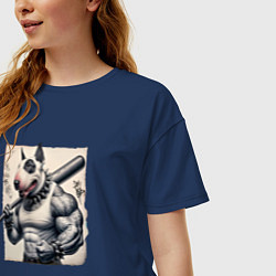Футболка оверсайз женская Качок Булли с битой - нейросеть, цвет: тёмно-синий — фото 2