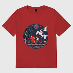 Футболка оверсайз женская Сказка Гуси - лебеди в стиле мезенской росписи, цвет: красный