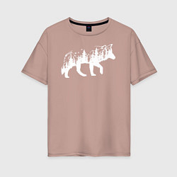 Женская футболка оверсайз Силуэт тайги в волке