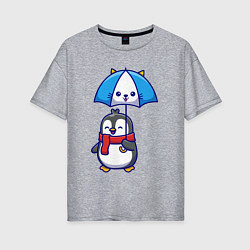 Женская футболка оверсайз Пингвин с кошачим зонтом