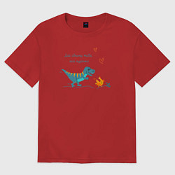 Женская футболка оверсайз Забавный динозавр бежит за курицей