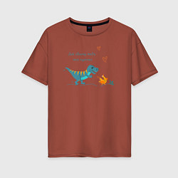 Женская футболка оверсайз Забавный динозавр бежит за курицей