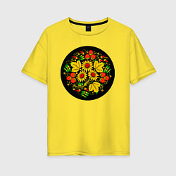 Женская футболка оверсайз Хохломская роспись цветы и ягоды в чёрном круге