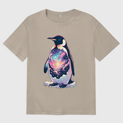 Футболка оверсайз женская Пингвин с космосом, цвет: миндальный