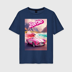 Женская футболка оверсайз Барби в кабриолете на горной дороге