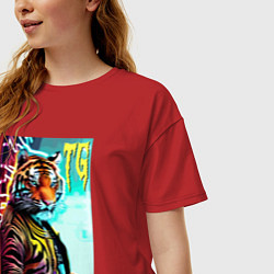 Футболка оверсайз женская Модный тигр - неон, цвет: красный — фото 2