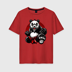 Женская футболка оверсайз Панда в прыжке на фоне красного солнца