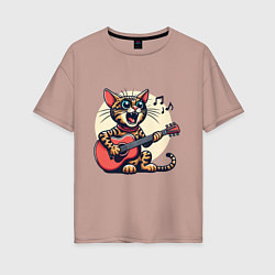 Женская футболка оверсайз Забавный полосатый кот играет на гитаре