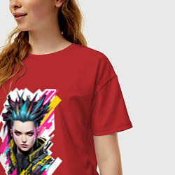Футболка оверсайз женская Портрет девушки Cyberpunk 2077, цвет: красный — фото 2