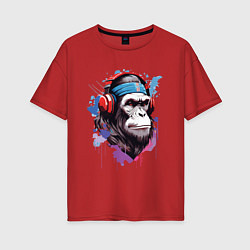 Футболка оверсайз женская Шимпанзе в наушниках, цвет: красный