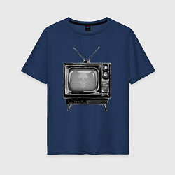 Женская футболка оверсайз Старый телевизор черно-белый шум и череп