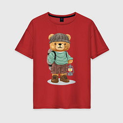 Женская футболка оверсайз Плюшевый медведь в походе