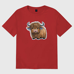 Футболка оверсайз женская Шотландский волосатый бык, цвет: красный