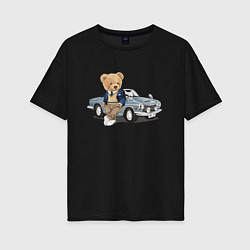 Женская футболка оверсайз Плюшевый медвежонок и автомобиль