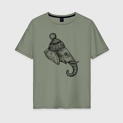 Женская футболка оверсайз Слон в шапке