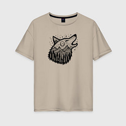 Женская футболка оверсайз Голова воющего волка и горы