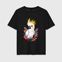 Женская футболка оверсайз Попугай какаду на ветке с листьями