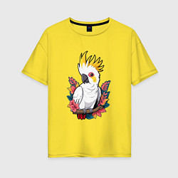 Женская футболка оверсайз Попугай какаду на ветке с листьями