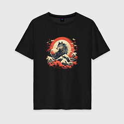 Женская футболка оверсайз Японский волк на закате
