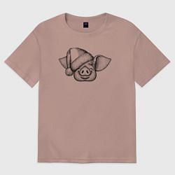 Футболка оверсайз женская Хрюшка новогодняя, цвет: пыльно-розовый