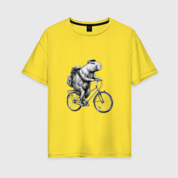 Футболка оверсайз женская Капибара на велосипеде в черном цвете, цвет: желтый