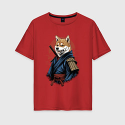 Футболка оверсайз женская Собака Сиба-ину самурай, цвет: красный
