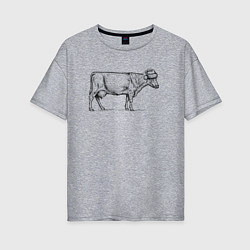 Женская футболка оверсайз Новогодняя корова сбоку