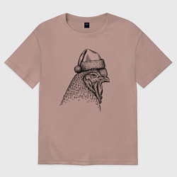 Футболка оверсайз женская Петушок в новогоднем колпаке, цвет: пыльно-розовый