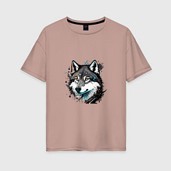 Женская футболка оверсайз Портрет волка с брызгами краски