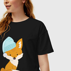 Футболка оверсайз женская Лисичка в шапке, цвет: черный — фото 2