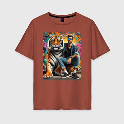 Женская футболка оверсайз Чувак хипстер с тигром - нейросеть