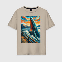 Футболка оверсайз женская Кит кричит - мем нейросеть, цвет: миндальный