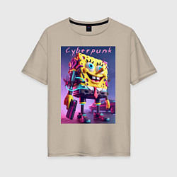Футболка оверсайз женская Sponge Bob with a pistol - cyberpunk ai art, цвет: миндальный