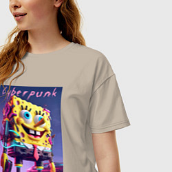 Футболка оверсайз женская Sponge Bob with a pistol - cyberpunk ai art, цвет: миндальный — фото 2