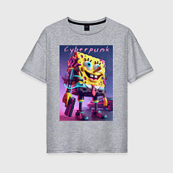 Футболка оверсайз женская Sponge Bob with a pistol - cyberpunk ai art, цвет: меланж