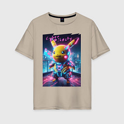 Женская футболка оверсайз Cyber Pikachu - neon glow ai art fantasy