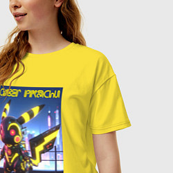 Футболка оверсайз женская Cyber pikachu - ai art neon glow fantasy, цвет: желтый — фото 2