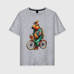 Женская футболка оверсайз Капибара велосипед птичка на голове