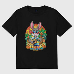 Футболка оверсайз женская Заяц играет на гитаре жарким летом, цвет: черный