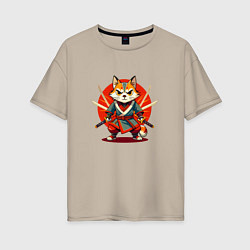 Женская футболка оверсайз Рыжий кот самурай с мечами