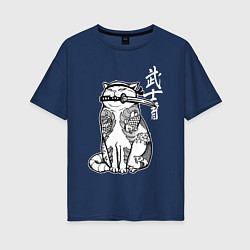 Женская футболка оверсайз Кот самурай - сёто в зубах