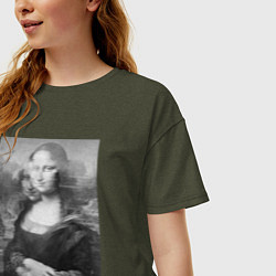 Футболка оверсайз женская Черная-белая Мона Лиза с глюками, цвет: меланж-хаки — фото 2