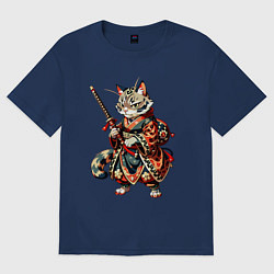 Футболка оверсайз женская Кот ниндзя - японский воин, цвет: тёмно-синий