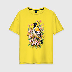 Футболка оверсайз женская Черноголовый щегол среди цветов, цвет: желтый