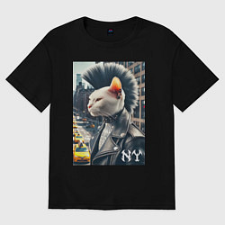 Футболка оверсайз женская Котик панк житель Нью-Йорка - нейросеть, цвет: черный