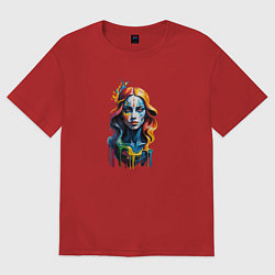 Футболка оверсайз женская Портрет арт маслом девушка с голубыми каплями, цвет: красный